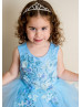 Beaded Blue Lace Tulle Curly Hem Flower Girl Dress